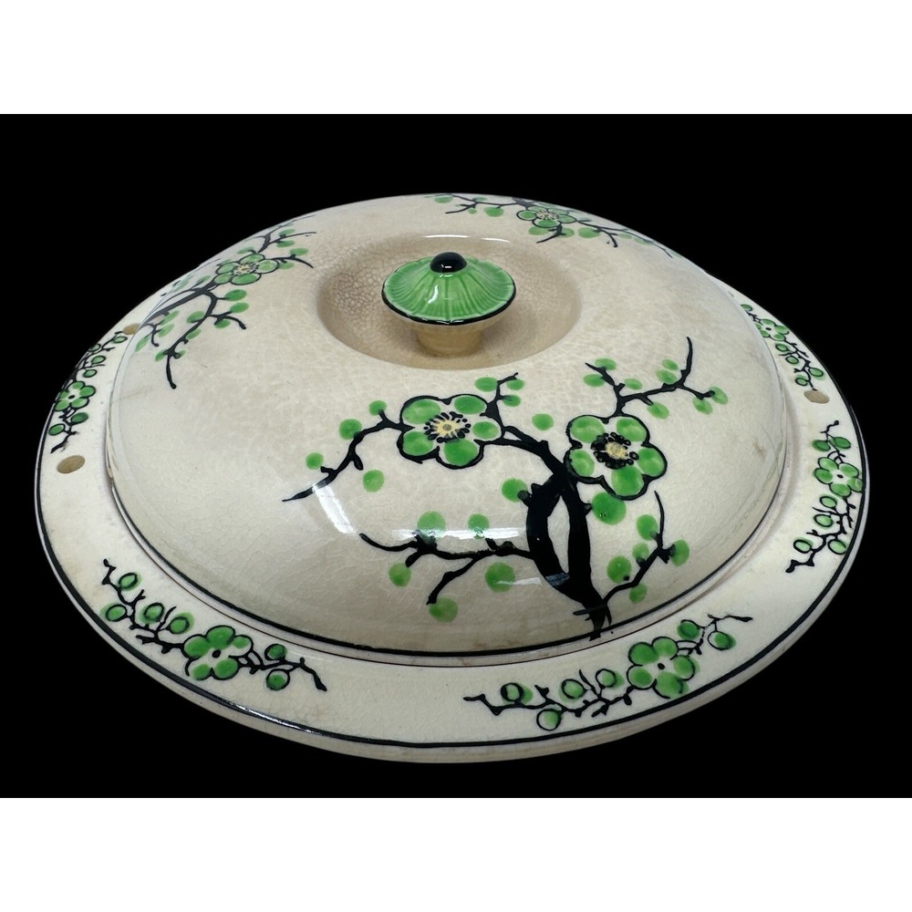Vintage 1930s MORIYAMA Ceramic Covered Divided Platter Hand Painted Green Flora